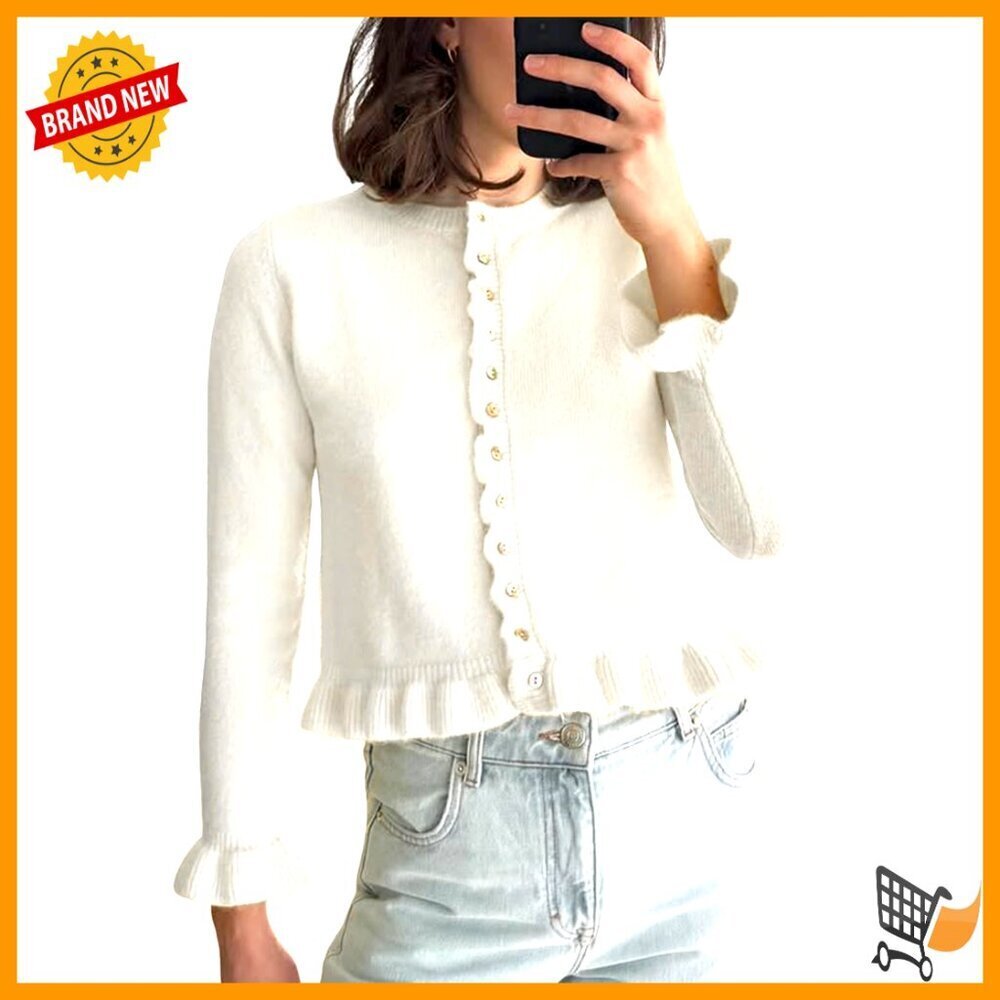 Cropped Cardigan Sweater Ruffle Crewneck Button Down Slim Fit Chic Versatile
